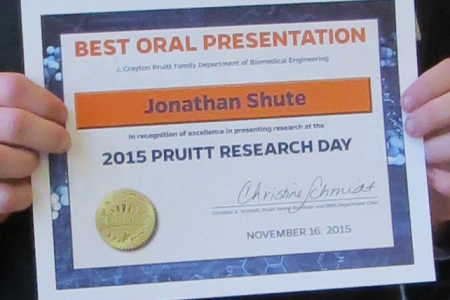 Congratulations to Jonathan Shute who won Best Presentation Award at the Annual Pruitt Research Day!